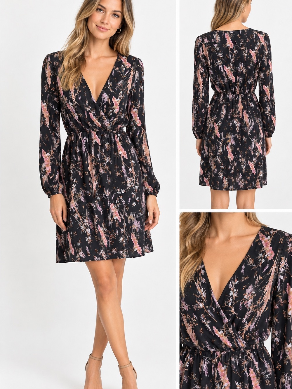Erika Lang Nordstrom Women's Black Surplice Floral Dress Size Large